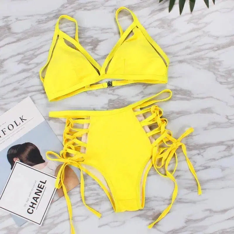 Sexy strap bikini split swimsuit-Yellow-1