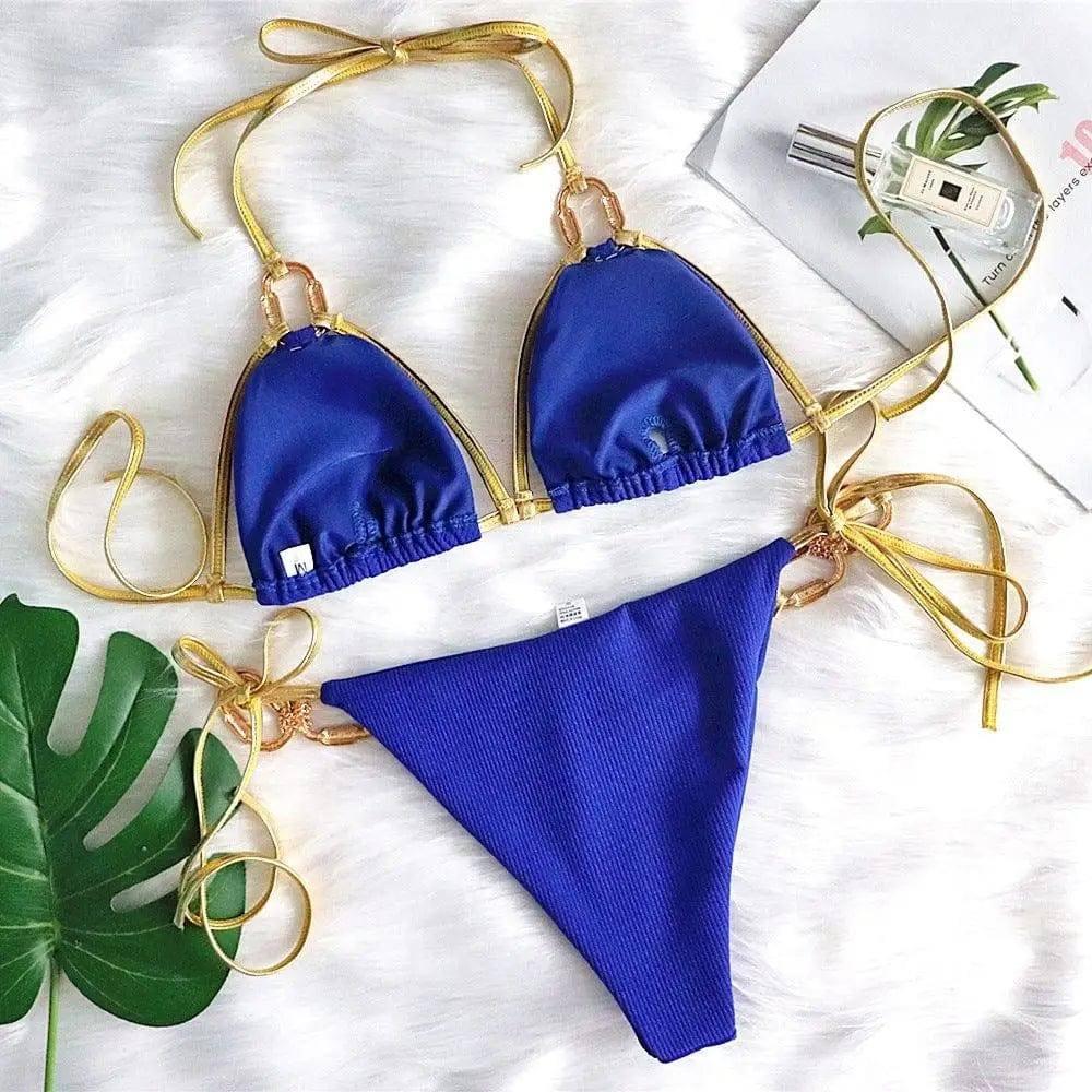 Sexy strapless bikini with golden straps-Blue-2