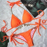 Sexy Strappy Plain Female Split Crystal Diamond Bikini-Orange-2