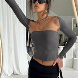 Sexy Tube Top Cinched Waist T-shirt Long Sleeve Tight-3