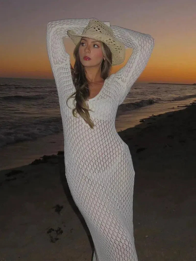 Women White Long Knit Sleeve Bikin Fashion Cover up-2