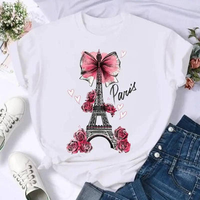 Short Sleeve Butterfly Bow Sweet Flower Fashion Summer Women-1