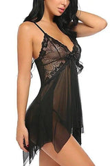 Sling Sexy Lingerie Lace Side Deep V Sexy Pajamas-Black-2