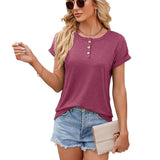 Solid Color Round Neck Button Short Sleeve T-Shirt New Summer Loose Top For Womens Clothing-Wine Red-7