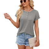 Solid Color Round Neck Button Short Sleeve T-Shirt New Summer Loose Top For Womens Clothing-Grey-8