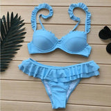 Solid color ruffled bikini-Blue-2