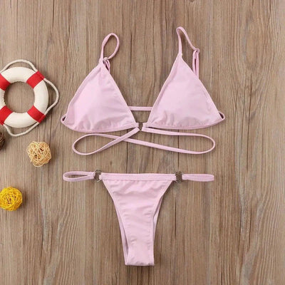 Solid color strap bikini-Pink-1