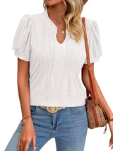 Solid Color V-neck Puff Short-sleeved T-shirt Fashion Summer-White-4