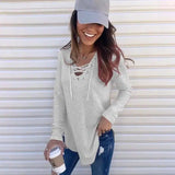 Solid Color V-Neck Tie Band Loose Top T-Shirt-Grey-5