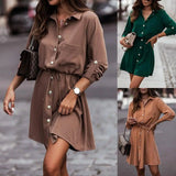 Solid Color Waist Belt With Buttons And Sleeves Dress-1