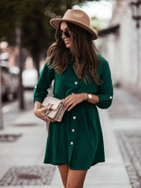 Solid Color Waist Belt With Buttons And Sleeves Dress-Green-2