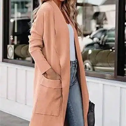 Solid Colour Long Cardigan Pocket Tweed Jacket-13