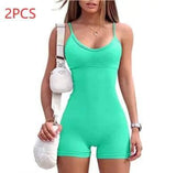 Spaghetti Strap Shorts Jumpsuit Sports Yoga Workout Tight-Light Green-27