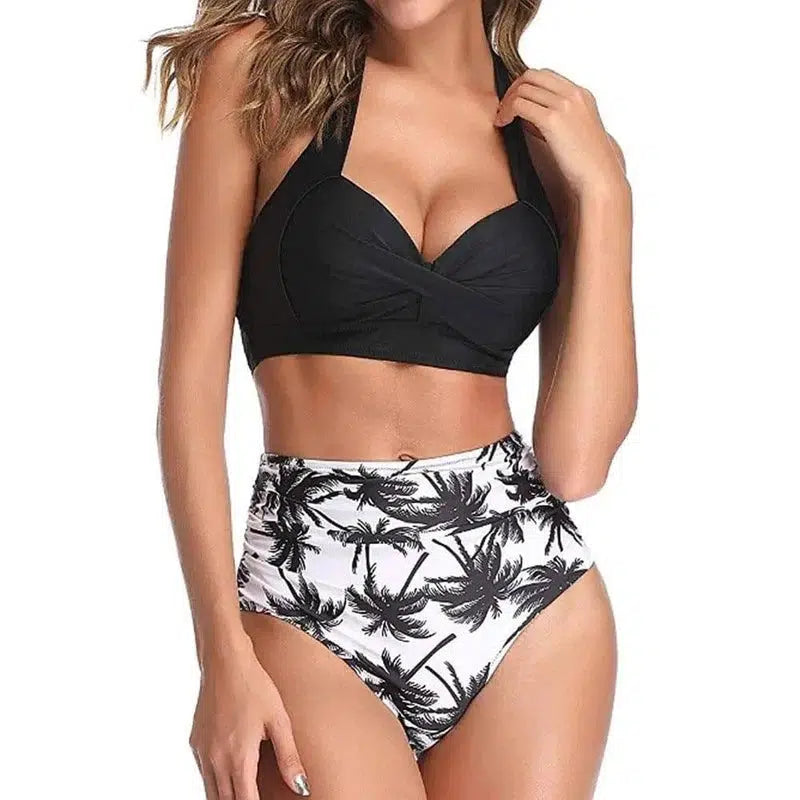 Split Bikini Print High Waist Nylon Swimsuit Swimwear-Coconut-2