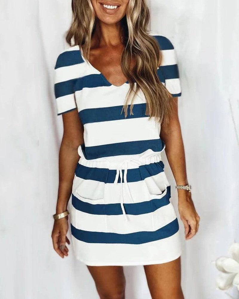 Striped Print Short-sleeved Dresses Summer Fashion V-neck-Dark Blue-2