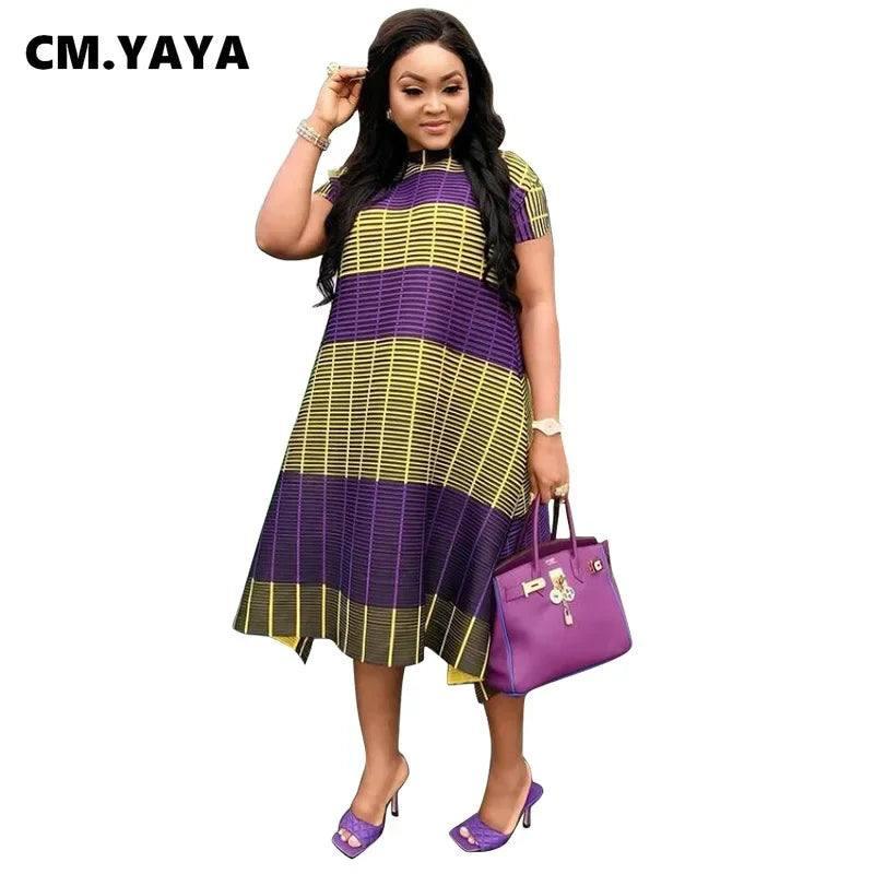 C.M YAYA Plus Size Loose Women Dresses Double Color Patchwork Mid-calf Length O-neck Short Sleeve Casual Straight Dress 2021-3