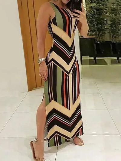 Colorful Striped Print Side Slit Maxi Dress Women-Pattern-1