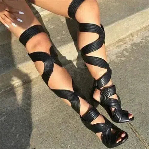 Open Toe Gladiator Sandals Women Boots Cut-Outs Lace Up Thigh High Boots High Heels Black Leather Shoes Woman Botas-Black-4