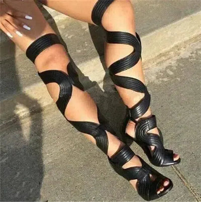 Open Toe Gladiator Sandals Women Boots Cut-Outs Lace Up Thigh High Boots High Heels Black Leather Shoes Woman Botas-Black-4