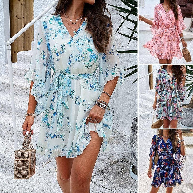 Summer Floral Print Short Sleeves Dress Lace Up Ruffles-1