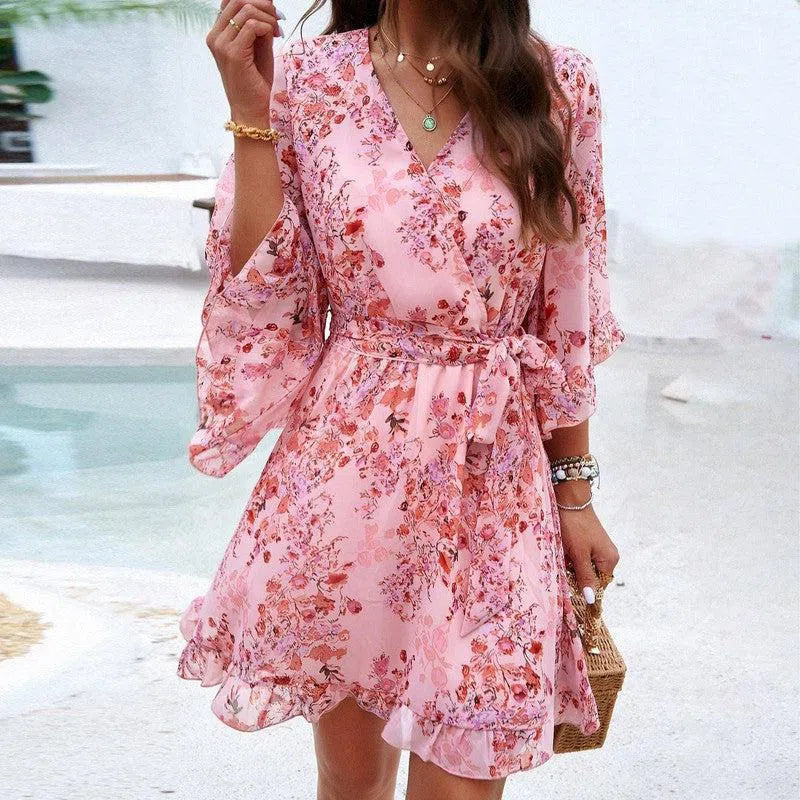 Summer Floral Print Short Sleeves Dress Lace Up Ruffles Design Fashion V-neck Short Dresses Womens Clothing-Pink-3