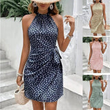 Summer Halterneck Printed Dress With Tied-waist Design-1