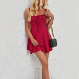 Summer Sleeveless Solid Color A-line Dress Lace-up Suspender-Red-8