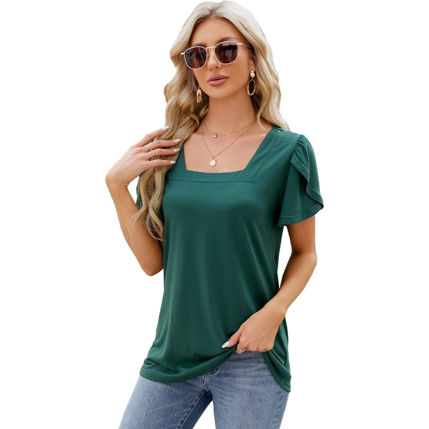 Summer Top Fashion Square Neck Printed Short-sleeved T-shirt-Dark Green-14