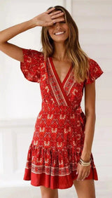 Summer V-neck bohemian print dress skirt women-Red-78