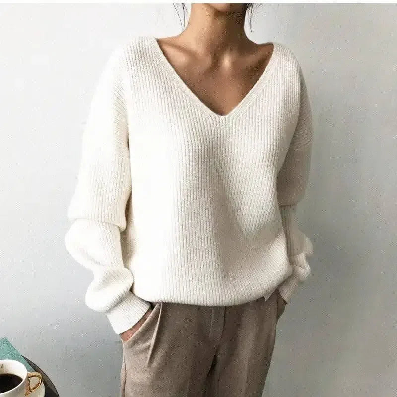 Sweater Black Loose V Neck Sweater Pullover-White-1