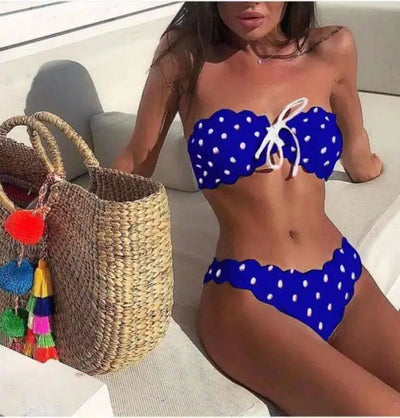 Swimsuit Special Fabric Polka Dot Perforated Printed Bikini-Blue-1