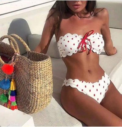 Swimsuit Special Fabric Polka Dot Perforated Printed Bikini-Whiteandreddot-4