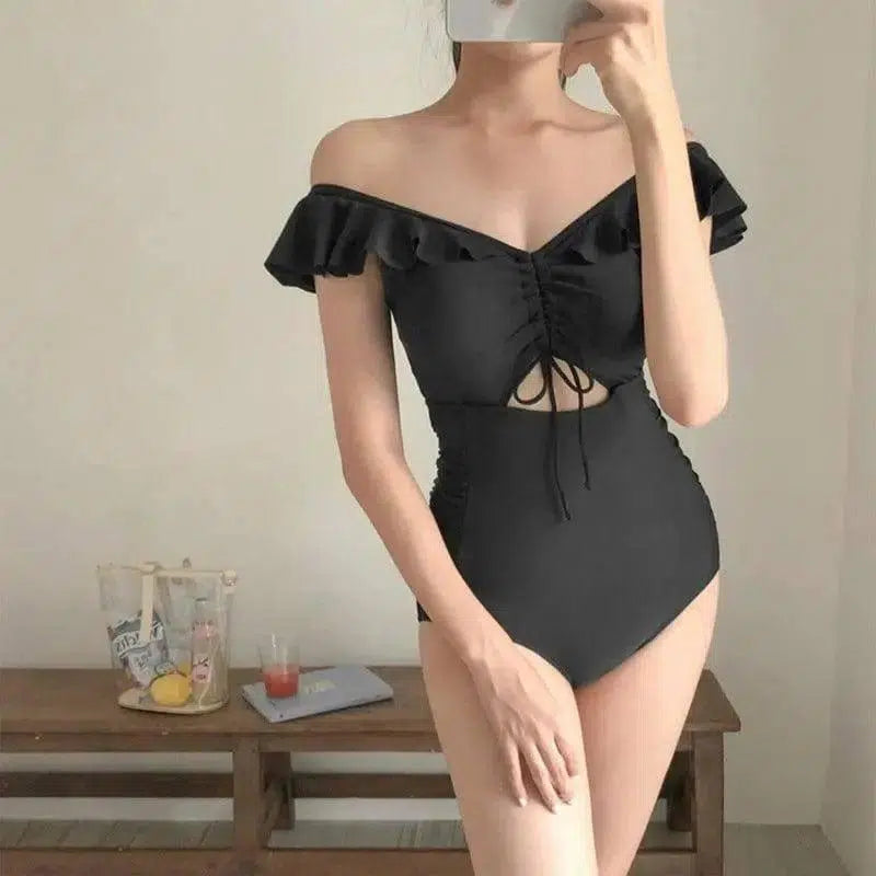 swimwear gathers slim one-piece bikini fashion swimsuit-Black-1