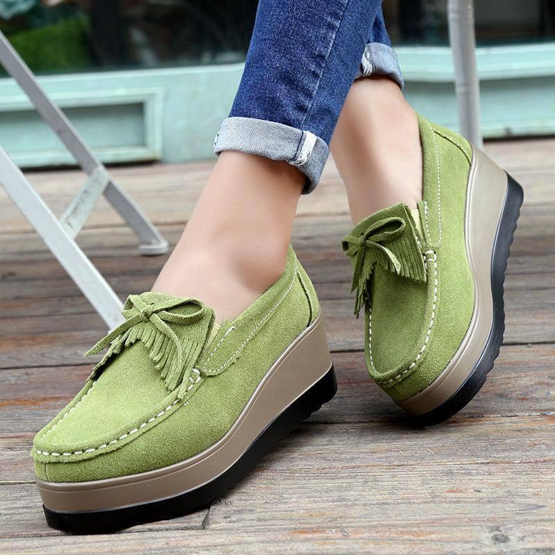 New Tassel Bow Design Shoes For Woman Fashion Thick Bottom Wedges Shoes Casual Slip On Solid Color Flats-1