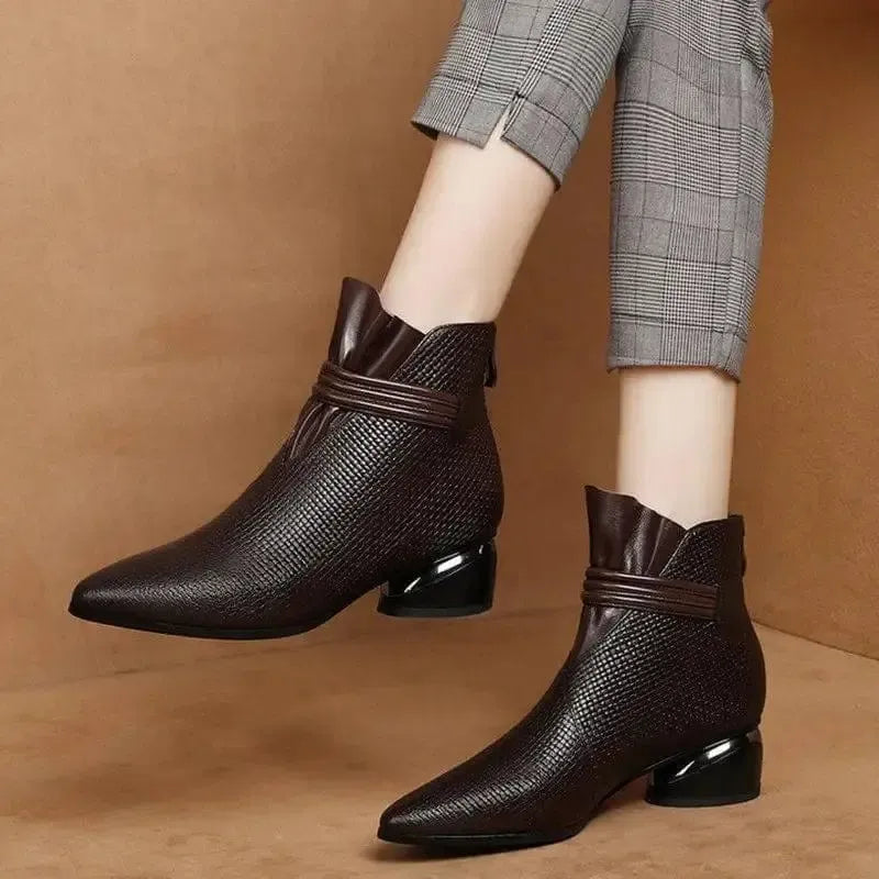 Thick Heel Round Toe Soft Leather Plus Size Fashion Short-Brown-2