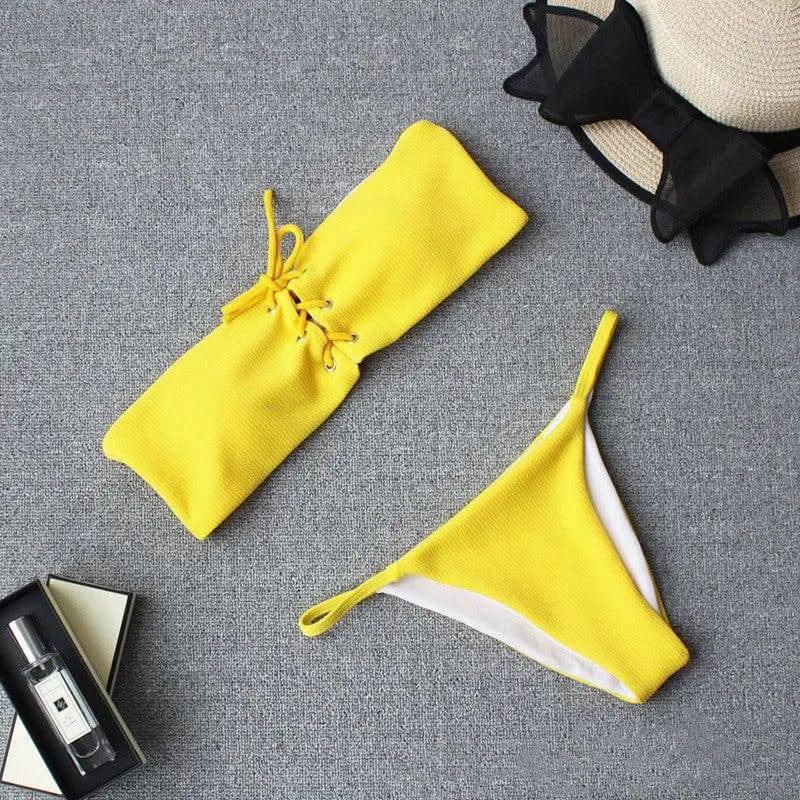 Thin Striped Briefs Split Bikini Swimsuit Solid Color-Yellow-3