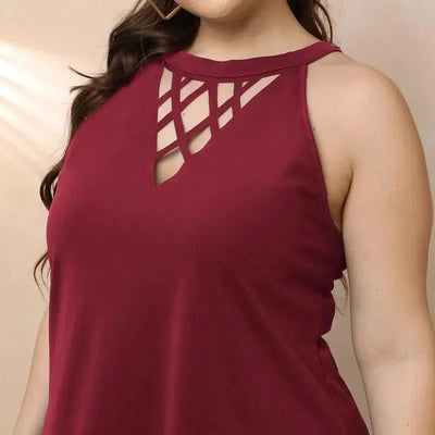 GIBSIE Plus Size Solid Cut Out O-Neck Halter Tops Women xxxl 4xl Black Casual Summer Sleeveless Tee Shirt Womens Clothing-Maroon-9