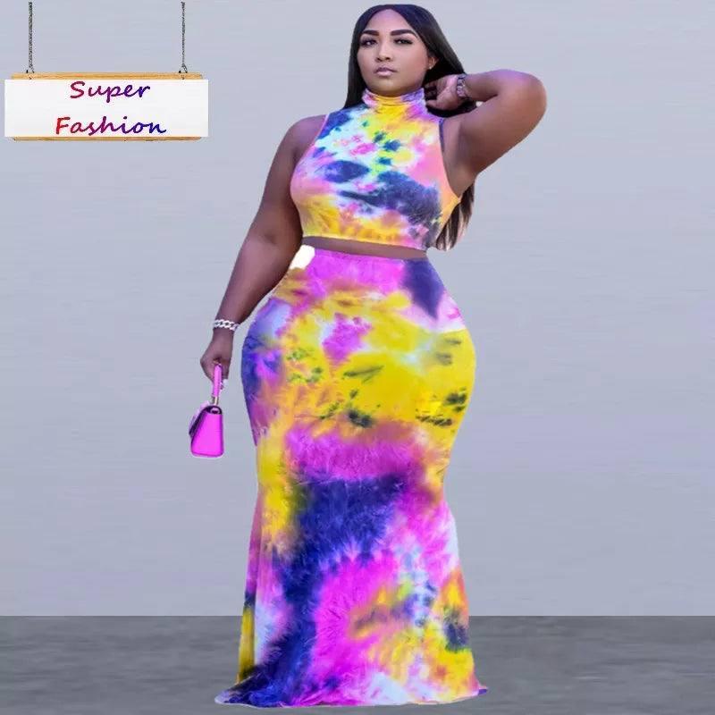 XL-5XL Plus Size Sets Women Clothing Summer 2022 Tie Dye Sleeveless Top And Long Skirt 2 Two piece set dress suit Wholesale-1