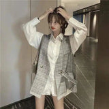 Two-piece Blouse Women's Mid-length Net Red Plaid Vest-Grey vest-2