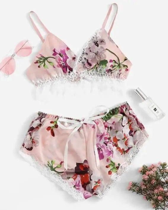 Two Piece Set Of Printed Sexy Lingerie Home Underwear-Pink-4