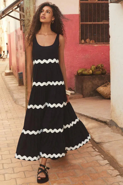 U-neck Wavy Print Long Dress Sleeveless Solid Color A-line Dress Summer Womens Clothing-Black-2