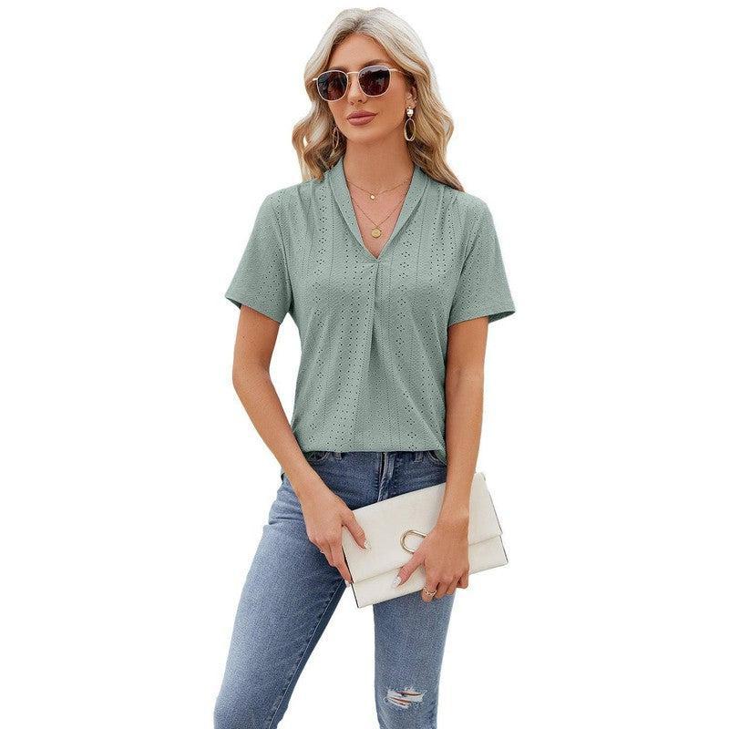 V-neck Hollow Design T-shirt Summer Loose Short-sleeved Top For Womens Clothing-Bean Green-8