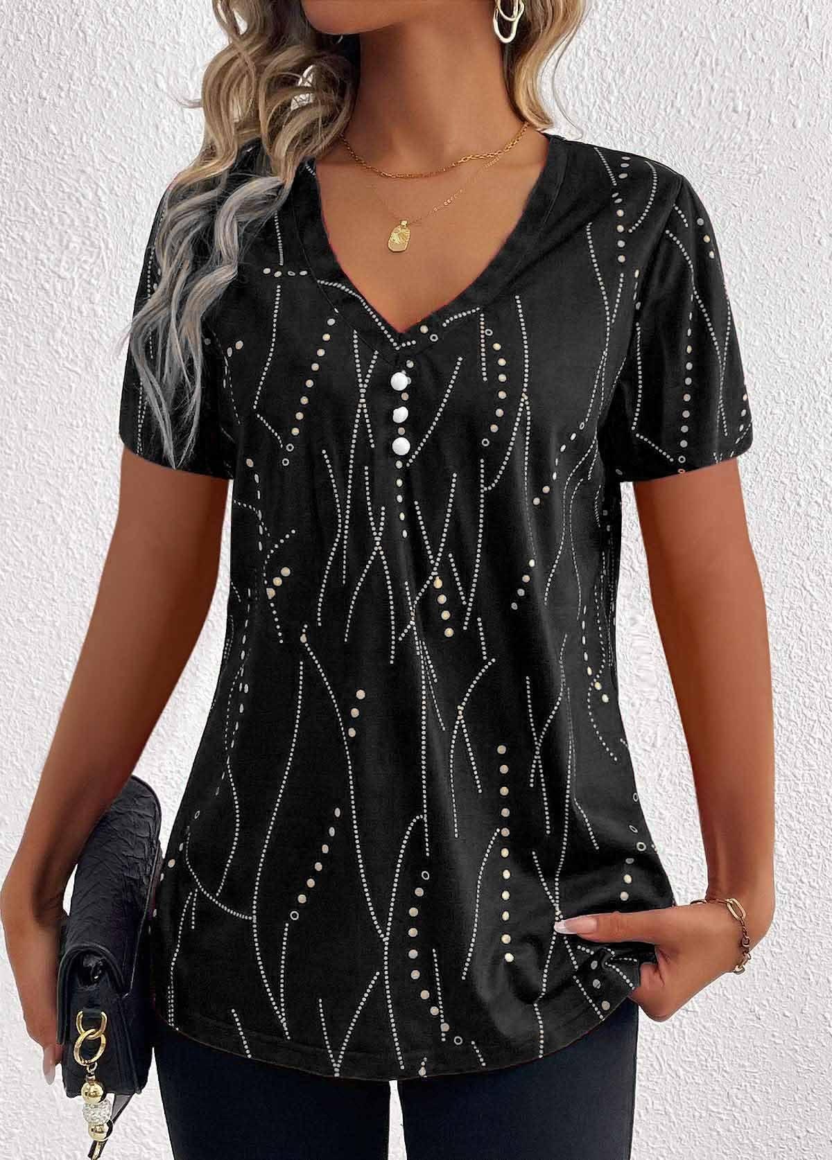 V-neck Printed Button T-shirt Summer Fashion Leisure-Black-2