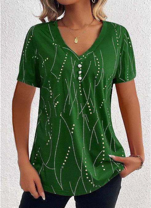 V-neck Printed Button T-shirt Summer Fashion Leisure-Green-5