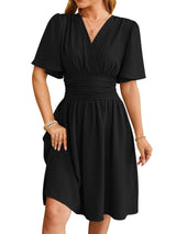 V-neck Short-sleeved Dress Fashion Bell-sleeved Dress Summer-Black-3