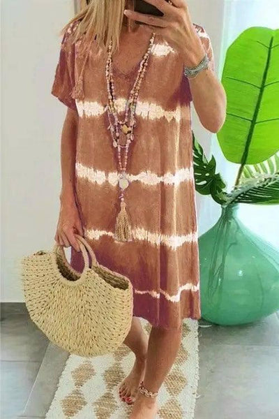 V Neck Tie Dye Print Short Sleeve Dress-Brown-7