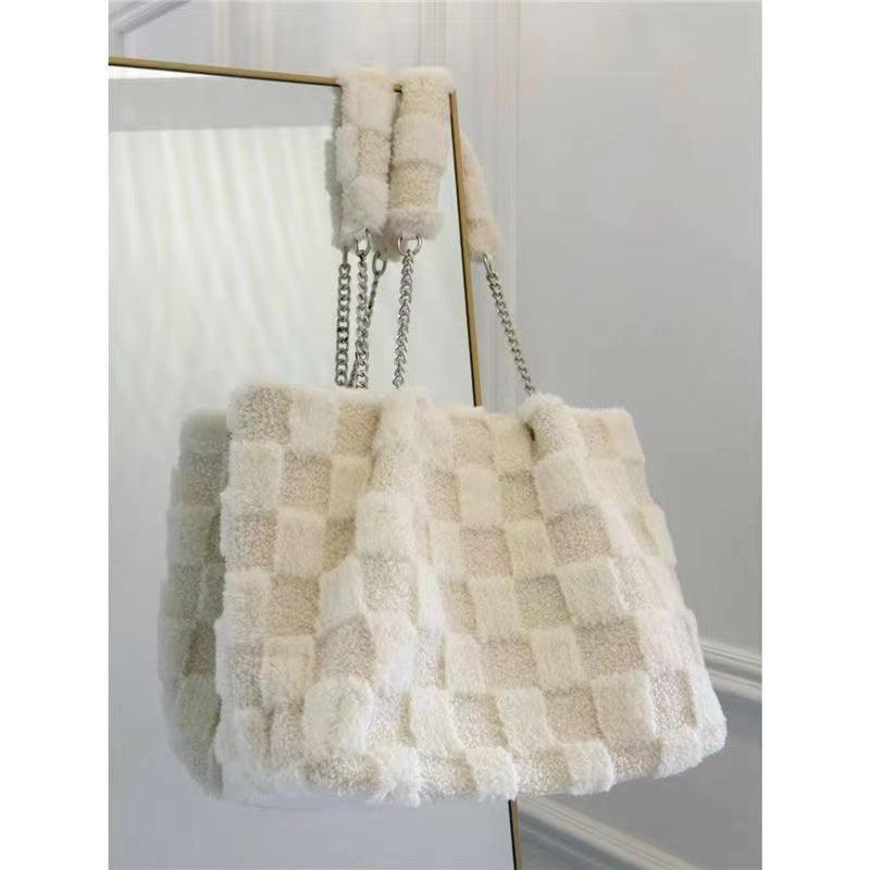 White Plush One Shoulder Bag Casual Tote Bag-3