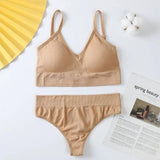 Women Bra Panties Set Push Up Sports Bra Set G-String-Khaki-11