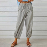 Women Drawstring Tie Pants Spring Summer Cotton And Linen Trousers With Pockets Button-Light gray-11