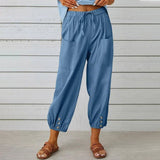 Women Drawstring Tie Pants Spring Summer Cotton And Linen Trousers With Pockets Button-Denim Blue-8